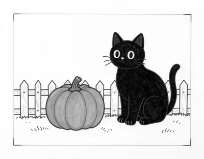 Disegno da colorare con un gatto nero seduto su un recinto di legno accanto a una grande zucca