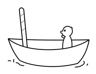 Disegno da colorare con una gondola che galleggia sull'acqua calma, un palo da ormeggio a strisce e un piccolo anatroccolo a bordo.