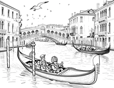 Disegno da colorare di una gondola veneziana con passeggeri mascherati, ponte sul canale, coriandoli e un gabbiano curioso.