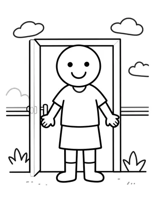 Disegno da colorare con un'insegnante sorridente che accoglie i bambini sulla porta della classe, con nuvole e cespugli sullo sfondo.