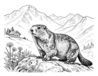Disegno da colorare con una marmotta in allerta su una roccia alpina, fiori di montagna, cime innevate e un piccolo chalet di legno.