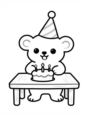 Disegno da colorare di una marmotta sorridente con un cappellino di carta e una torta con le candeline su un tavolo di legno.