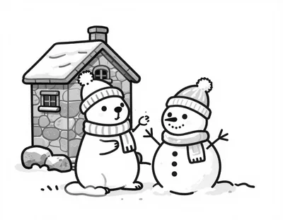 Disegno da colorare con una marmotta con cappello e sciarpa che costruisce un pupazzo di neve davanti a una baita di montagna