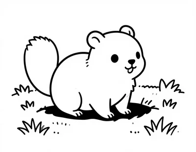Disegno da colorare con una marmotta sorridente che esce dalla tana e saluta con una zampa in un prato alpino.