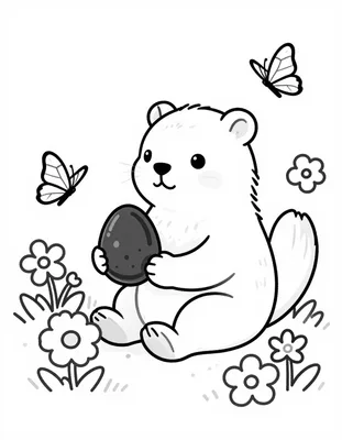 Disegno da colorare di una marmotta seduta tra i fiori di primavera che tiene tra le zampe un uovo di cioccolato, con due farfalle intorno.
