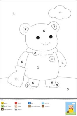 Disegno da colorare con i numeri che mostra un orsetto sorridente con un sacco di dolci, aree grandi e numerate pronte da riempire.