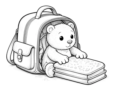 Disegno da colorare di un orsetto di peluche che sbuca da uno zaino aperto accanto a libri e un panino