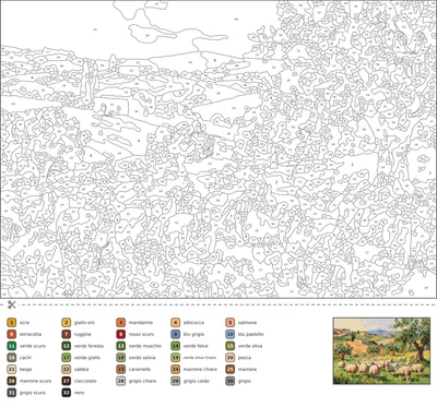 Disegno da colorare con i numeri che mostra un oliveto su colline toscane con casale in pietra, cipressi e pecore al pascolo.