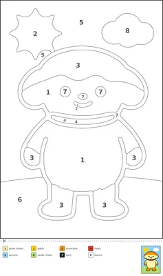 Disegno da colorare con i numeri che mostra una grande fetta di panettone sorridente con un fiocco, su un fondo con sole e nuvola.