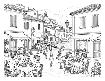 Disegno da colorare di una piazza italiana sul mare a Ferragosto, con famiglie al gelato, lanterne, tavolini e barche sullo sfondo.
