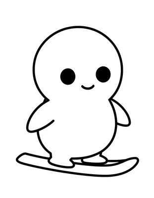 Disegno da colorare con un pinguino sorridente che scende da una collina sugli sci tra i fiocchi di neve.