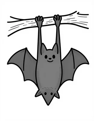 Disegno da colorare di un pipistrello sorridente appeso a testa in giù a un ramo, con le ali aperte.