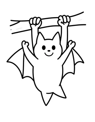 Disegno da colorare di un pipistrello sorridente appeso a testa in giù a un ramo, con le ali aperte.