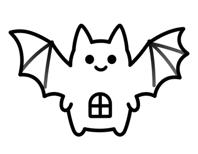 Disegno da colorare con un pipistrello sorridente che vola sopra una casa accogliente con le finestre illuminate.