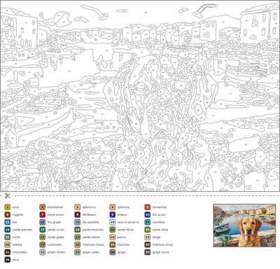 Disegno da colorare con i numeri che mostra un porto costiero all'alba con barche da pesca colorate, reti avvolte, una parete in pietra, riflessi sull'acqua calma e gabbiani in volo.