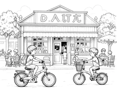 Disegno da colorare di una piazza italiana con bambini che si salutano davanti a una scuola, biciclette e tavolini del bar.