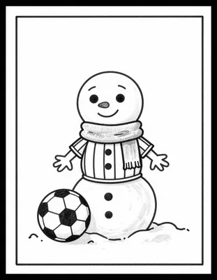 Disegno da colorare con un pupazzo di neve sorridente che indossa una maglia a strisce e una sciarpa, accanto a un pallone da calcio sulla neve.