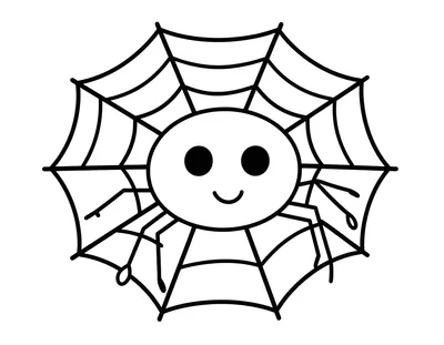 Disegno da colorare con un ragnetto sorridente al centro di una ragnatela tra due rametti autunnali.