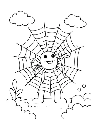 Disegno da colorare di un ragno sorridente al centro della sua ragnatela tra due rami, con nuvole e piante sullo sfondo.