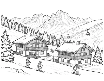 Disegno da colorare di un rifugio alpino sulle Dolomiti con sciatori, bambini sulla neve, pini, montagne e funivia sullo sfondo.