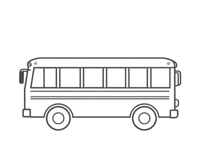 Disegno da colorare di uno scuolabus fermo davanti a una piccola scuola italiana.