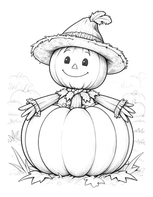 Disegno da colorare di uno spaventapasseri con un cappello floscio seduto su una grande zucca in un campo di zucche.