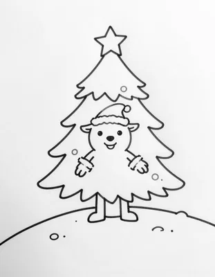 Disegno da colorare con uno stambecco sorridente che indossa un cappello di Babbo Natale accanto a un albero di Natale innevato