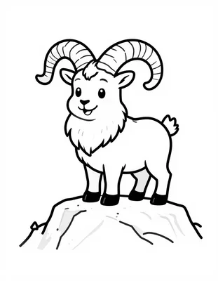Disegno da colorare con uno stambecco sorridente dalle grandi corna ricurve in piedi su una roccia di montagna.