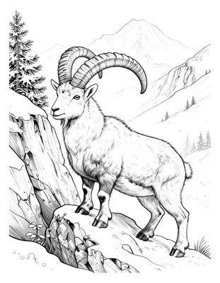 Disegno da colorare con uno stambecco dalle grandi corna ricurve in equilibrio su una parete rocciosa alpina, con pini e cime innevate sullo sfondo.