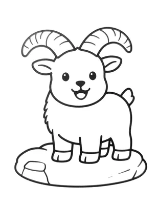 Disegno da colorare con un simpatico stambecco sorridente dalle corna ricurve in piedi su una roccia arrotondata.
