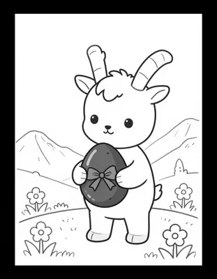 Disegno da colorare con un piccolo stambecco che tiene tra le zampe un grande uovo di Pasqua con fiocco, su un prato alpino fiorito.
