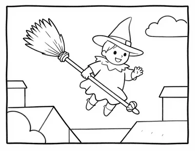 Disegno da colorare con una strega sorridente che vola su una scopa sopra i tetti delle case, con una nuvola nel cielo.
