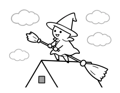Disegno da colorare con una strega sorridente che vola su una scopa sopra i tetti delle case, tra nuvole dal contorno semplice.