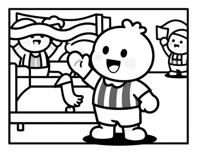 Disegno da colorare con un tifoso sorridente in maglia a strisce che saluta davanti alla tribuna dello stadio piena di tifosi con sciarpe