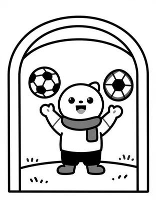 Disegno da colorare con un tifoso sorridente che palleggia due palloni davanti all'arco di uno stadio, con la sciarpa al collo.