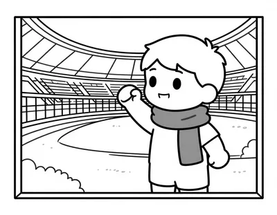 Disegno da colorare di un giovane tifoso con la sciarpa azzurra che esulta davanti al grande cancello dello stadio