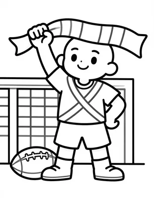 Disegno da colorare con un piccolo tifoso che alza una sciarpa davanti alla porta di calcio, con un pallone ai piedi.