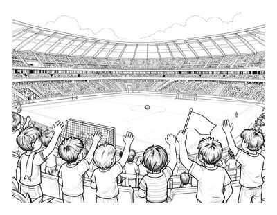 Disegno da colorare di un bambino in maglia a strisce che tifa allo stadio con una bandierina tra la folla