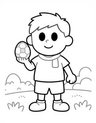 Disegno da colorare di un bambino tifoso con maglia e sciarpa che tiene in mano un uovo di Pasqua a forma di pallone da calcio in giardino.