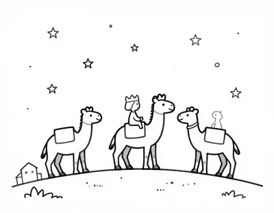Disegno da colorare con tre Re Magi a cavallo di cammelli che attraversano un cielo stellato verso un piccolo paese sulla collina.