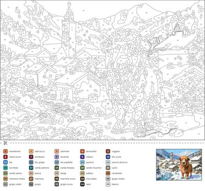 Disegno da colorare con i numeri che mostra un villaggio di montagna innevato con case in pietra, campanile, fumo dai camini e un fiume ghiacciato.