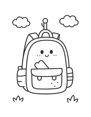 Disegno da colorare di uno zaino kawaii con faccina sorridente, tasche e nuvole sullo sfondo.