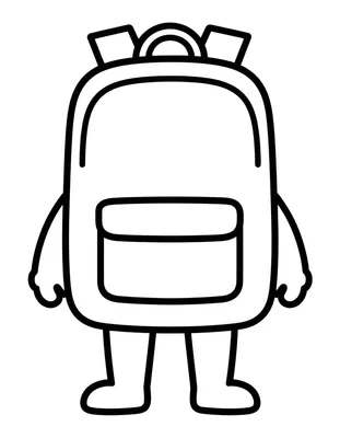 Disegno da colorare di uno zaino di scuola con due spallacci e una tasca frontale, in piedi.