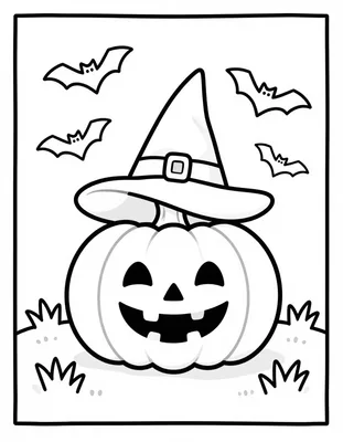 Disegno da colorare con una zucca sorridente che indossa un cappello da strega su un prato, circondata da pipistrelli in volo