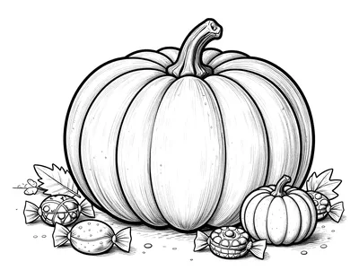 Disegno da colorare con una grande zucca, caramelle incartate e una piccola zucca appoggiate su un gradino, con foglie autunnali ai lati.
