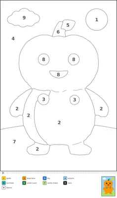 Disegno da colorare con i numeri di una grande zucca sorridente con una fogliolina sul gambo, aree ampie e legenda dei colori.