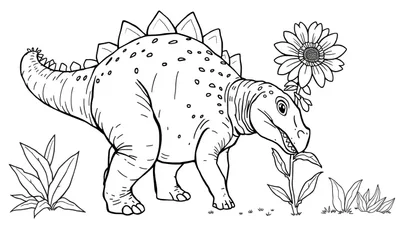 Disegno a tratto nero di uno stegosauro che interagisce con un grande fiore, circondato da vegetazione.