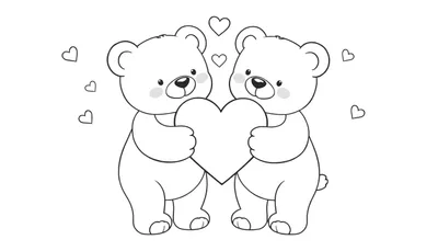 Disegno in bianco e nero di due orsetti carini in piedi che reggono un grande cuore al centro, con piccoli cuori che fluttuano intorno.