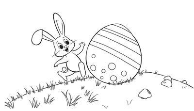 Disegno da colorare di un coniglietto felice che corre accanto a un grande uovo di Pasqua decorato con strisce e pois, su un prato con erba e rocce.