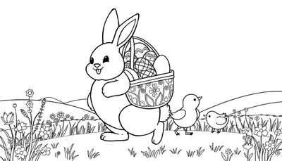 Disegno da colorare di un coniglietto sorridente con un cesto di uova di Pasqua e due pulcini su un prato fiorito.